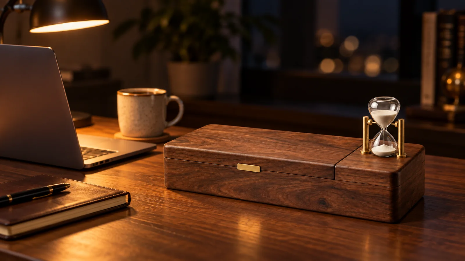 夜のデスク。スタンドの灯りの下、ノートPCの隣に、砂時計のついたウォルナットの箱が閉じて置かれている